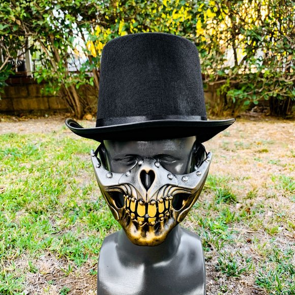 Gold Steampunk Mouth Skull Mask with Black TOP Hat Halloween Cosplay Costume - Picture 2 of 3